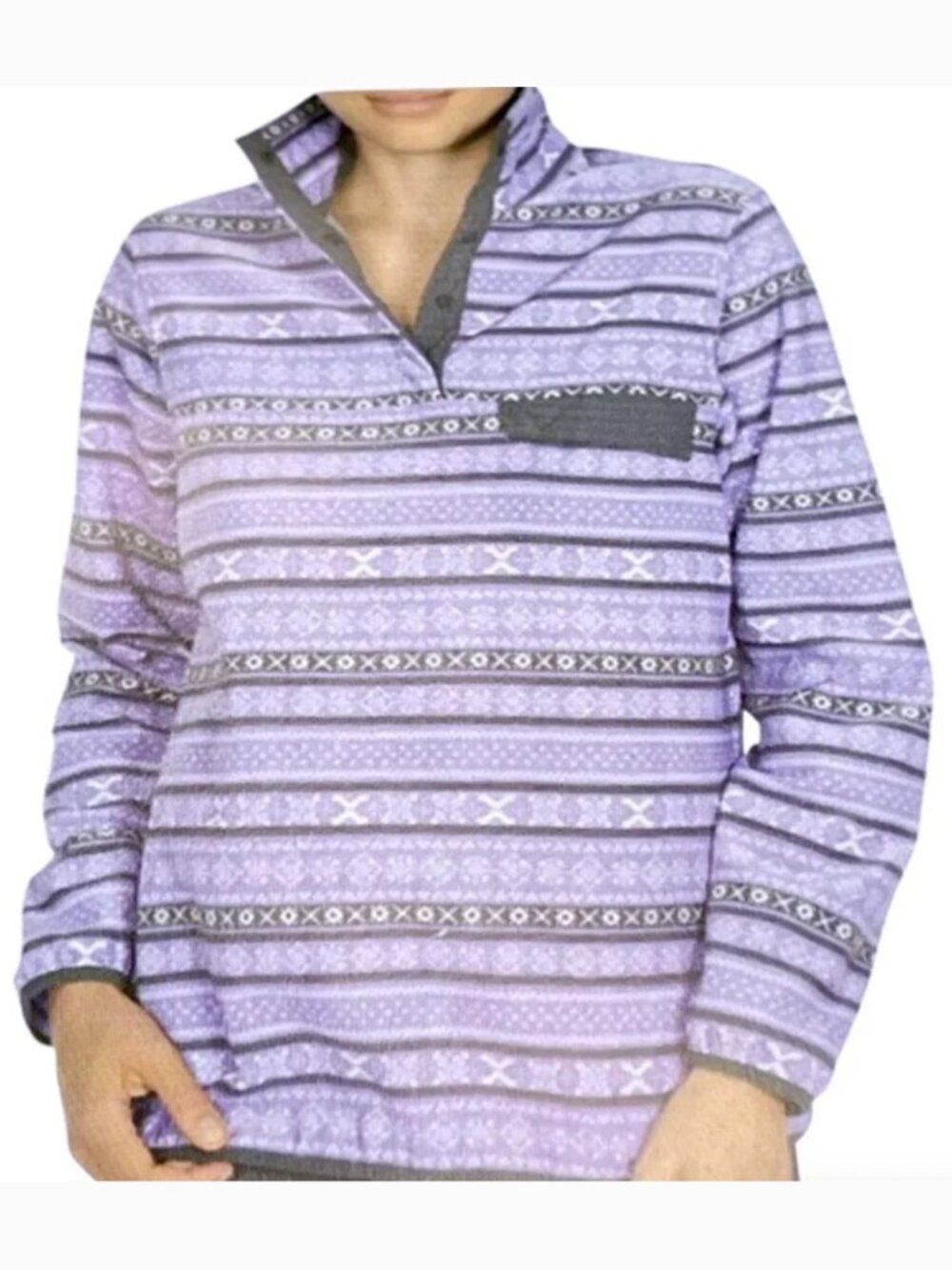 JACHS CABIN Collection Fleece Pullover Purple Gray White Fair Isle Nordic Snap S